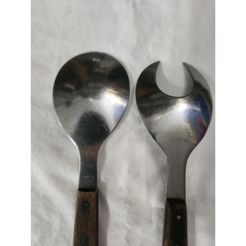 Vintage Mid Century Modern‎ Stainless Steel Wood Handle Salad Serving Set Japan